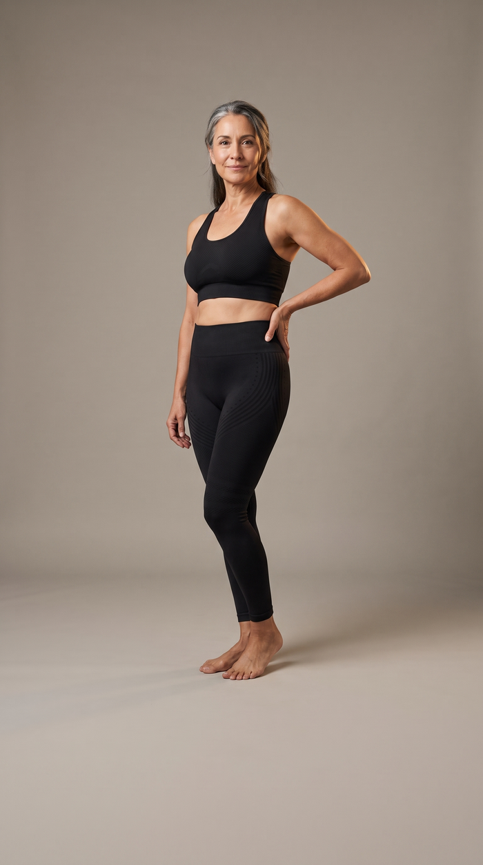 Woman wearing the Ionix Labs Sculpt seamless bra and the full-length Sculpt 3D Lift and Smooth Leggings